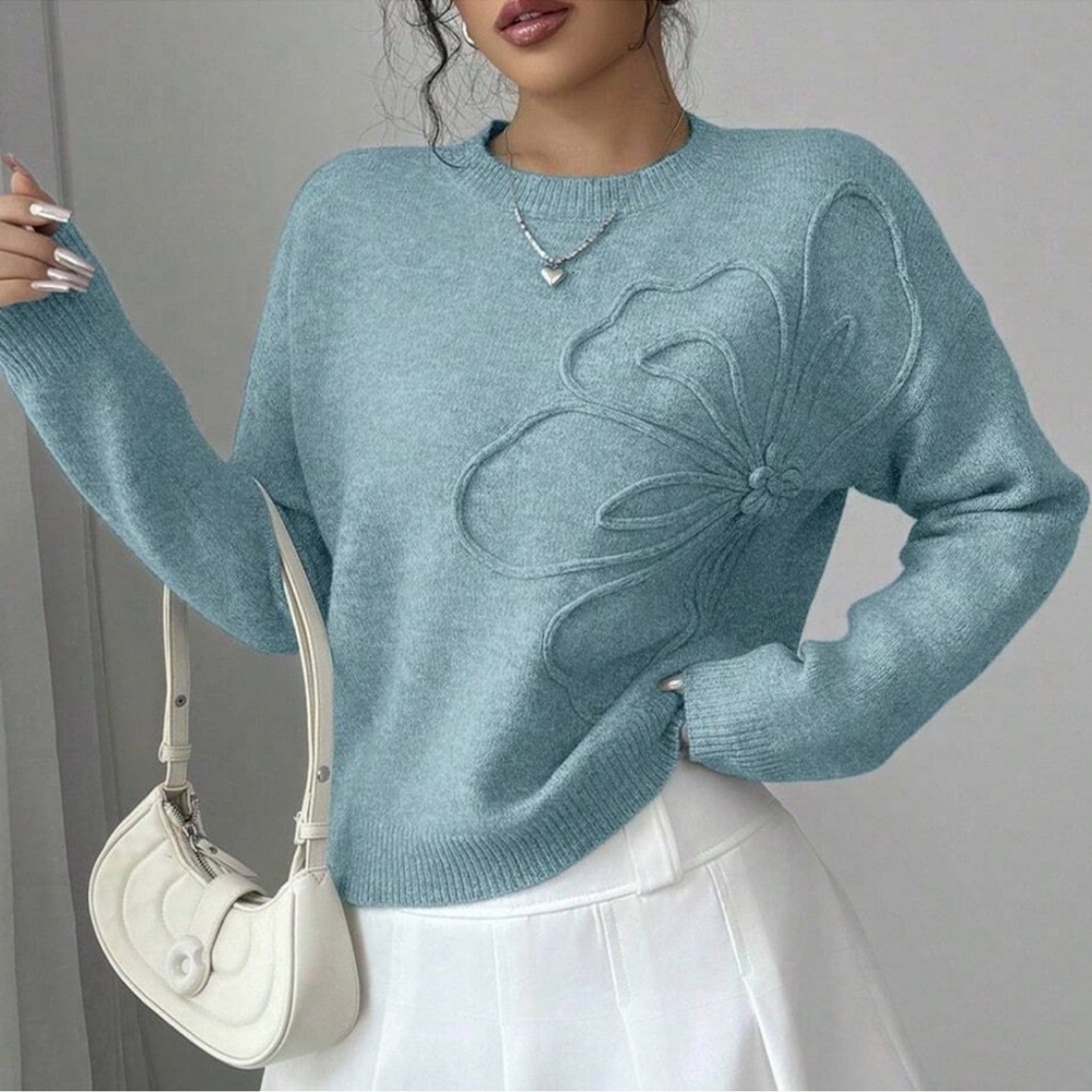Classic Floral Textured Round Neck Knit Sweater Top S M L - Picture 3 of 4